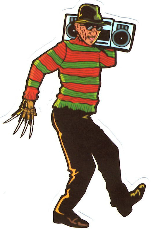 die-cut vinyl sticker of Freddy Kreuger wearing sunglasses and holding a boombox over one shoulder