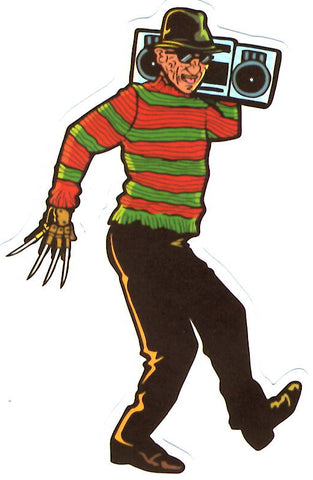 die-cut vinyl sticker of Freddy Kreuger wearing sunglasses and holding a boombox over one shoulder