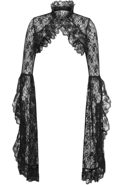 black floral patterned lace bolero length shrug featuring a stand-up ruffled collar with hook &amp; eye closure, double ruffle trim, and fitted sleeves that open and flare at the elbow and extend past the fingertips