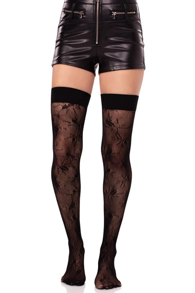black fishnet thigh highs with allover knit-in beetles design, shown on model