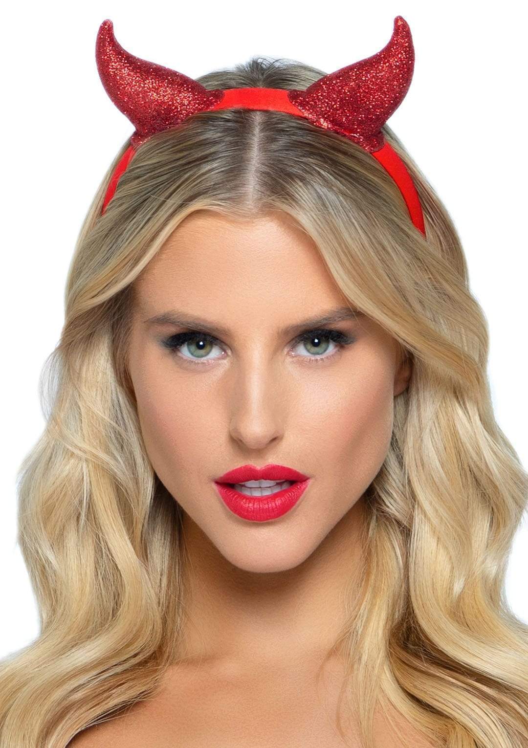 Model wearing red glitter devil horns fabric headband