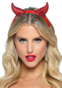 Model wearing red glitter devil horns fabric headband