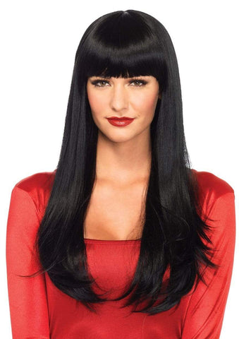 25" length black straight wig with heavy bangs, shown on model