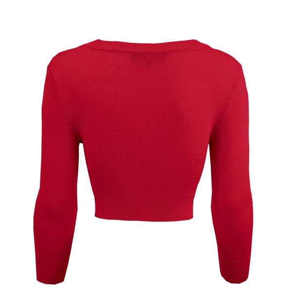 back view of a red cropped cardigan with 3/4 length sleeves