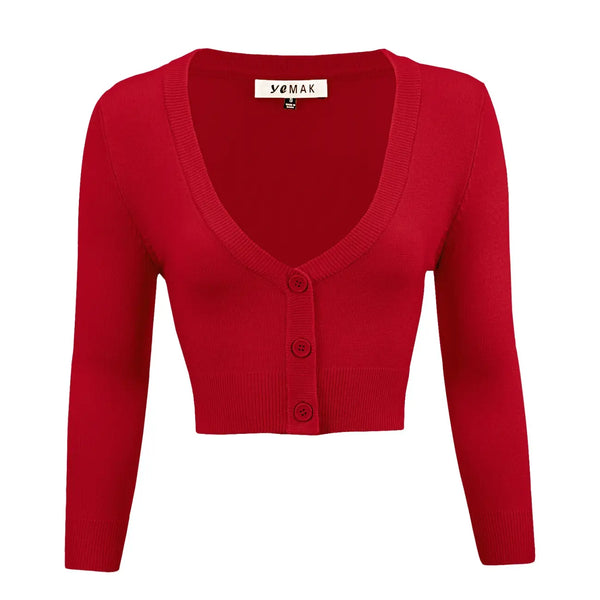 red 3/4 sleeve cropped cardigan sweater with a V-neck and three front buttons, shown on a plain white background.