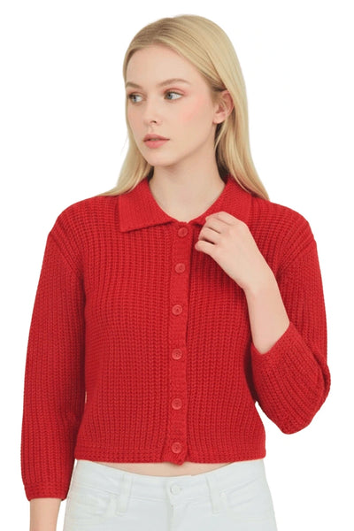 model wearing red chunky rib knit button front collared cardigan