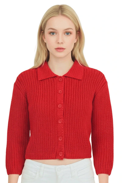 model wearing red chunky rib knit button front collared cardigan
