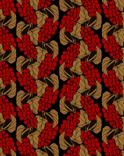 black background brick and bronze grapes pattern fabric swatch close up
