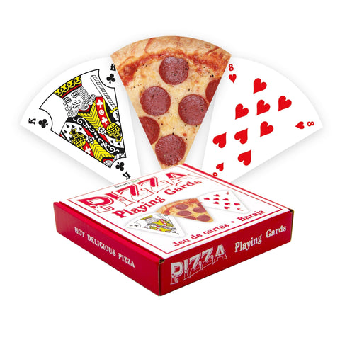 deck of playing cards where each card is shaped just like a slice of pizza, showing pizza box packaging and three sample cards