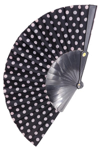 black with white polka dot print fabric folding fan with black plastic ribs