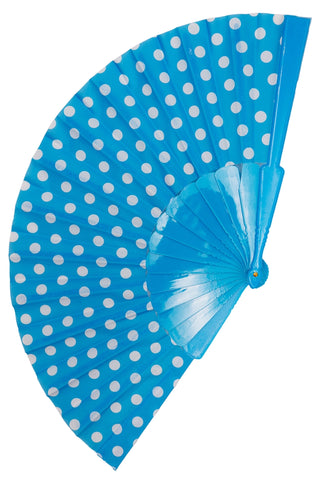 bright blue &amp; white polka dot print fabric folding fan with turquoise plastic ribs, shown open and flat