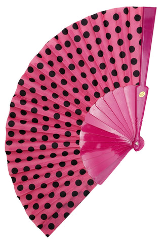 deep pink &amp; black polka dot print fabric folding fan with magenta plastic ribs, shown open and flat