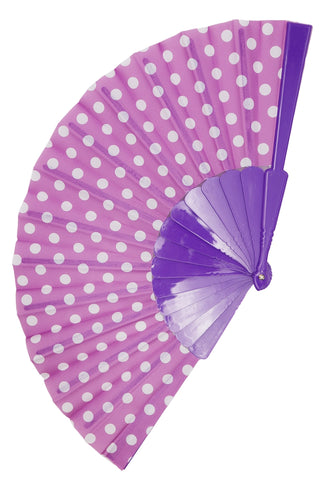  light orchid purple and white polka dot print fabric folding fan with purple plastic ribs, shown open and flat