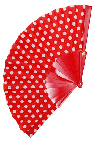 red &amp; white polka dot print fabric folding fan with red plastic ribs, shown open and flat