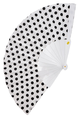 white &amp; black polka dot print fabric folding fan with white plastic ribs, shown open and flat