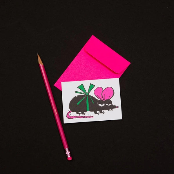mini note card with a black, neon pink, and green, risograph image of a bow-wrapped cartoony rat