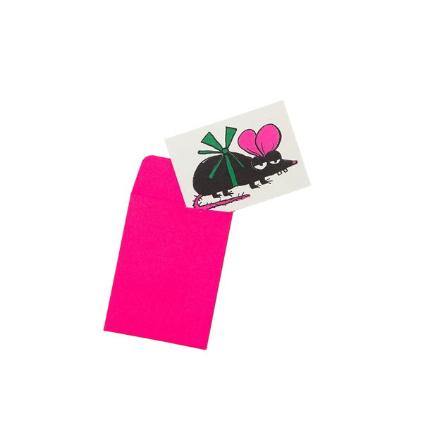 mini note card with a black, neon pink, and green, risograph image of a bow-wrapped cartoony rat