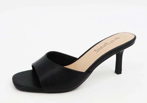 black faux leather slide sandal with 3" heel
