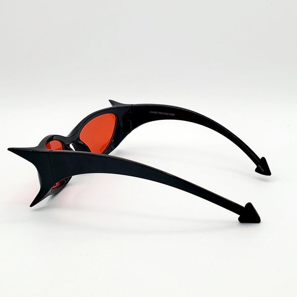 Spiky Devil Wrap-Around Sunglasses in Black with Red Lenses