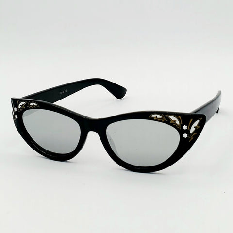 Carved Embellished Cat Eye Sunglasses - Black with Mirrored Lenses