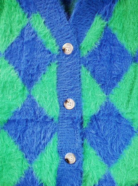 Soft & Fuzzy Green and Blue Harlequin Cardigan