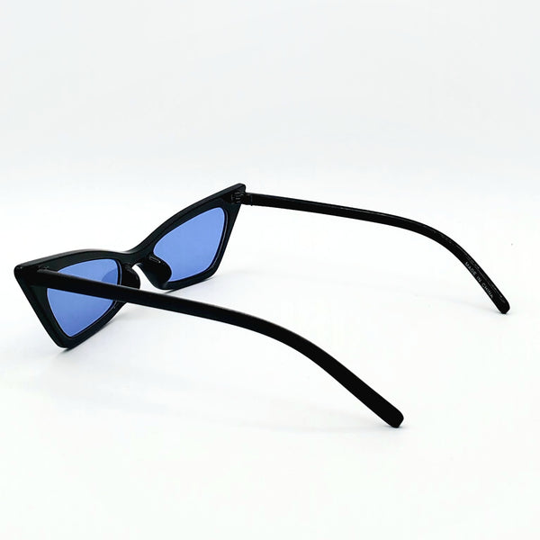 Narrow Geometric Cat Eye Sunglasses - Black with Blue Lenses