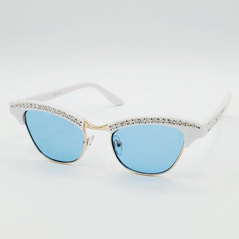 Rhinestone Browline Cat Eye Sunglasses - White with Blue Lenses