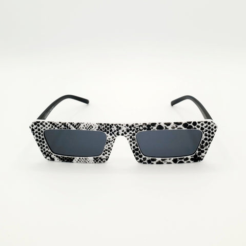 80s style narrow flat bridge matte finish black and white snake print plastic frame sunglasses with solid black arms