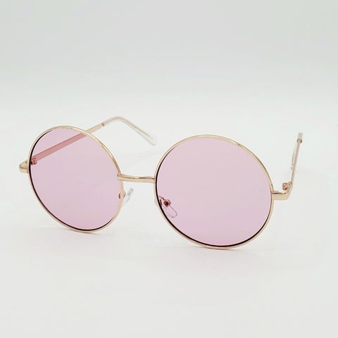 2 1/4” round sunglasses with thin gold metal frames and colorful pale pink tinted lenses