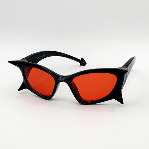 Spiky Devil Wrap-Around Sunglasses in Black with Red Lenses