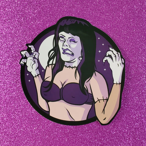 Die-cut vinyl sticker of Elizabeth Shelley from the movie Frankenhooker