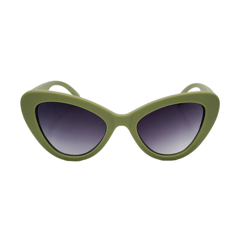 Thick framed matte finish sage green plastic frame cat eye sunglasses with gradient smoke lenses