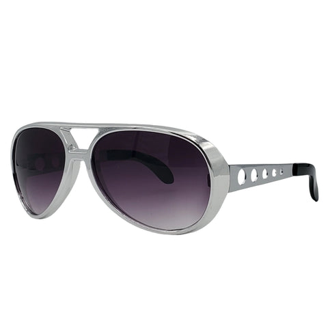 shiny metallic silver plastic avaitor style sunglasses with perforated silver metal arms and gradient smoke lenses