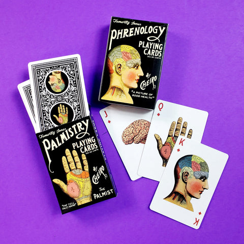 A deck of playing cards themed around vintage illustrations of palmistry and phrenology
