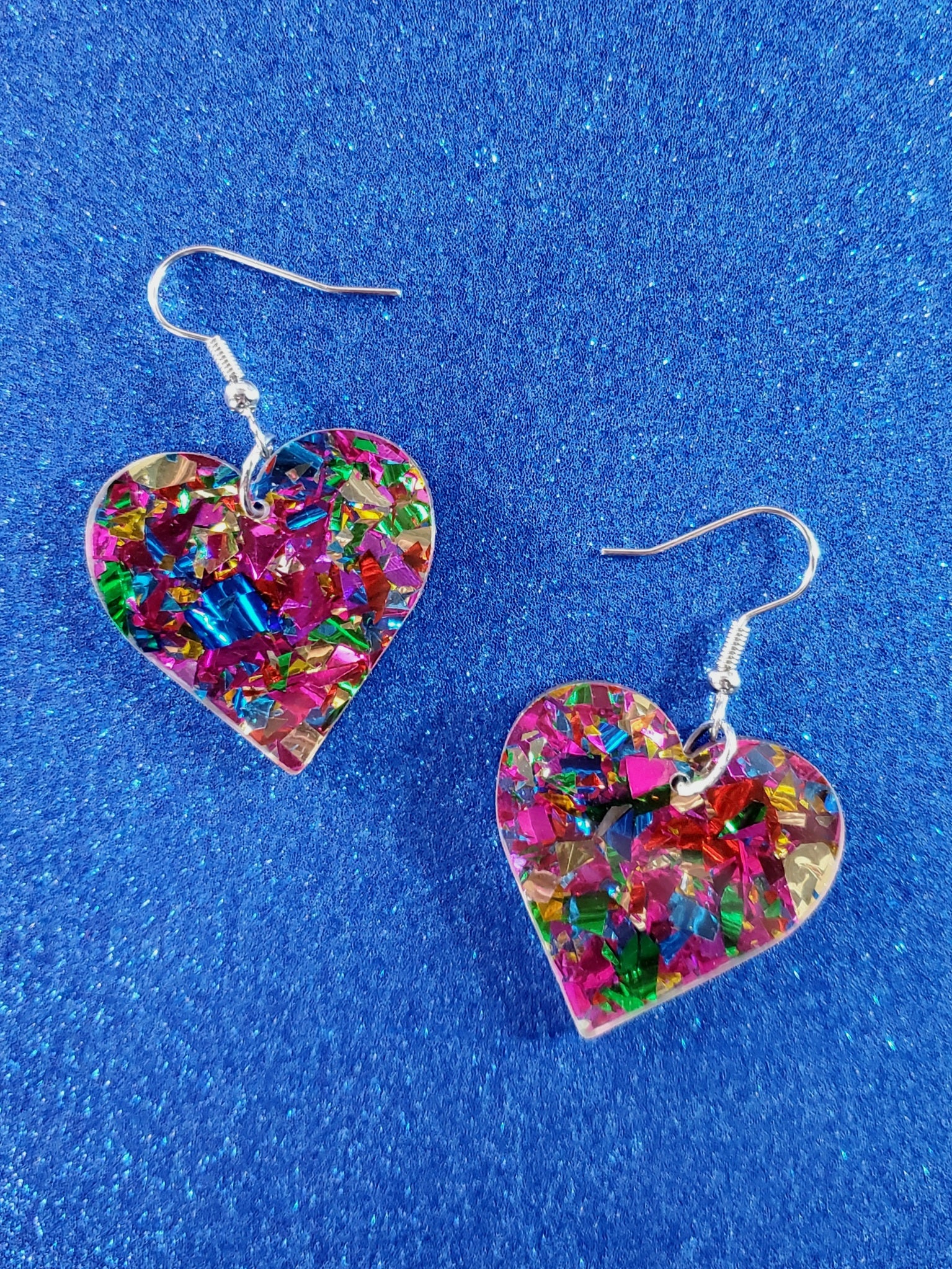 Chunky rainbow confetti glitter heart shaped dangle earrings 