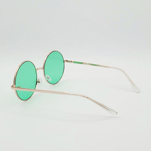 2 1/4” round sunglasses with thin gold metal frames and colorful bright green tinted lenses, showing reverse in 3/4 view