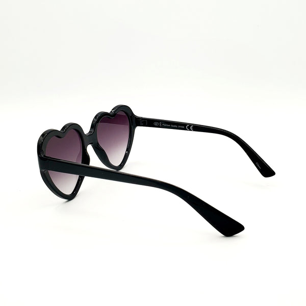 Black plastic frame heart-shaped sunglasses with black smoke gradient lenses. Showing reverse in 3/4 view