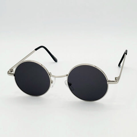 1 1/4” round sunglasses with thin silver metal frames and black lenses