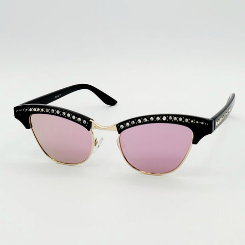Rhinestone Browline Cat Eye Sunglasses - Black with Pink Mirrored Lenses