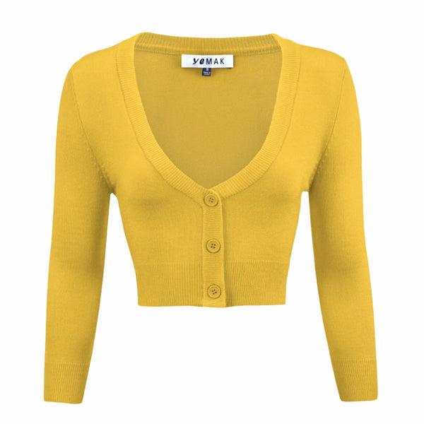 cropped length 3/4 sleeve 3-button v-neck cardigan in honey mustard yellow