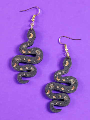 Wooden black snake dangle earrings with brown moon and diamond details