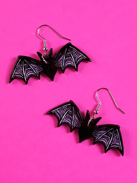 pair black & pink acrylic bat dangle earrings