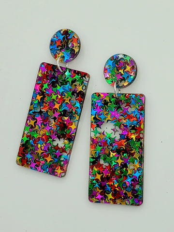 Multi-color metallic starburst-shaped confetti set in clear acrylic rectangle drop earrings