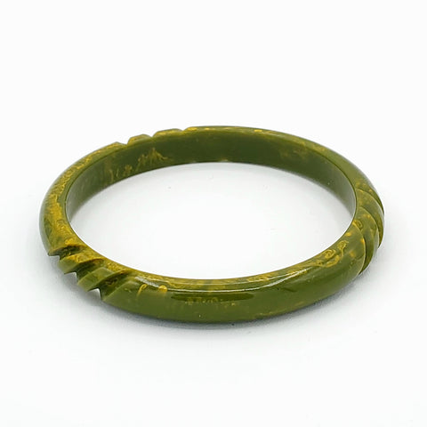 olive green with yellow speckle resin bangle with carved diagonal stripe details