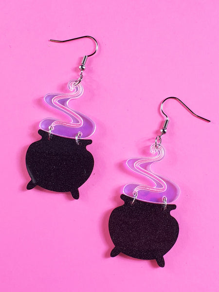 Glittery black acrylic witchy cauldrons with linked iridescent flash finish plume of smoke dangle earrings