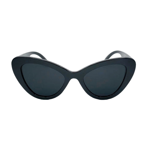 Thick framed shiny black plastic frame cat eye sunglasses with black lenses