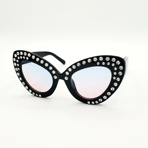 Oversized Rhinestone Cat Eye Sunglasses - Black with Pink Gradient Lenses