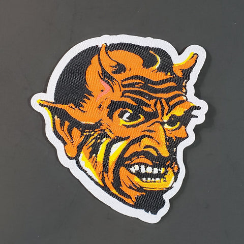 Woven red, yellow, orange, and black devil patch