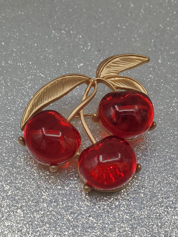 red lucite and gold matte finish metal triple cherry bunch brooch