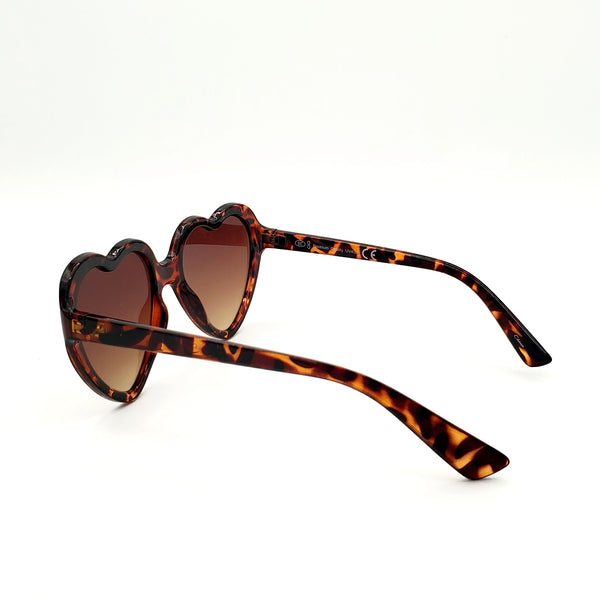 Brown tortoiseshell plastic frame heart-shaped sunglasses with brown smoke gradient lenses. Showing reverse in 3/4 view